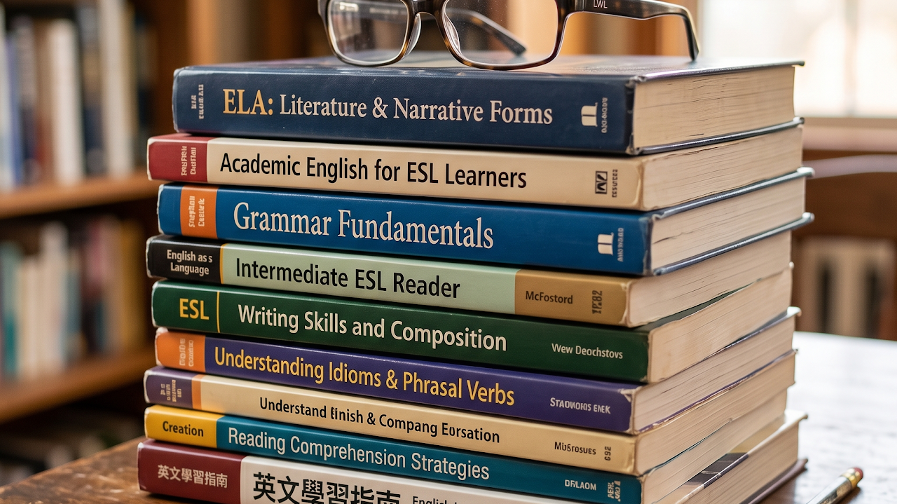 A stack of English and reading textbooks