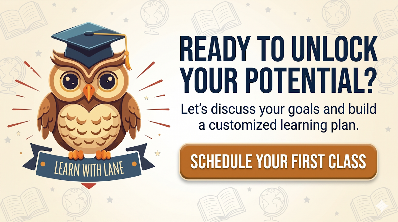 Learn with Lane owl mascot: Ready to unlock your potential? Let's discuss your goals and build a customized learning plan.