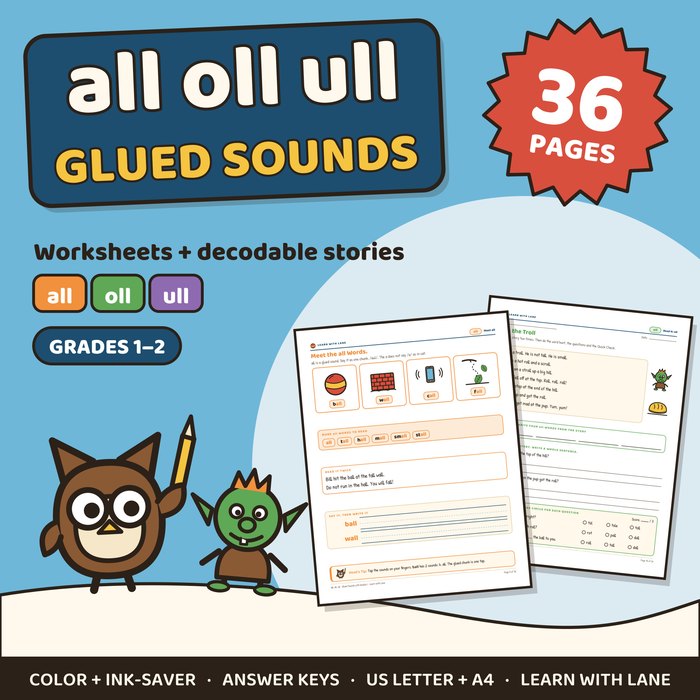 all oll ull worksheets cover: glued sounds, grades 1 to 2