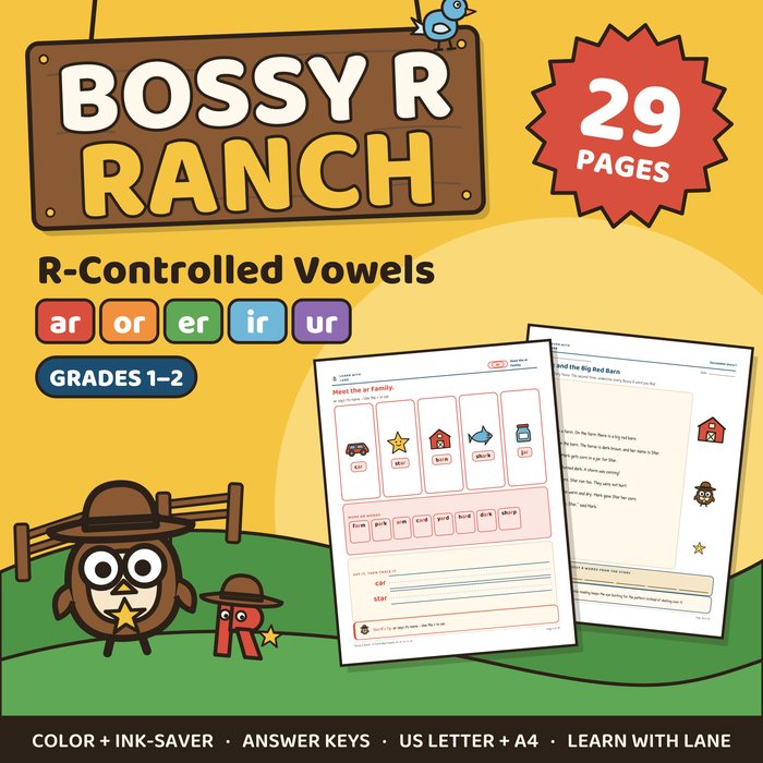 Bossy R Ranch r-controlled vowels worksheets cover, grades 1 to 2