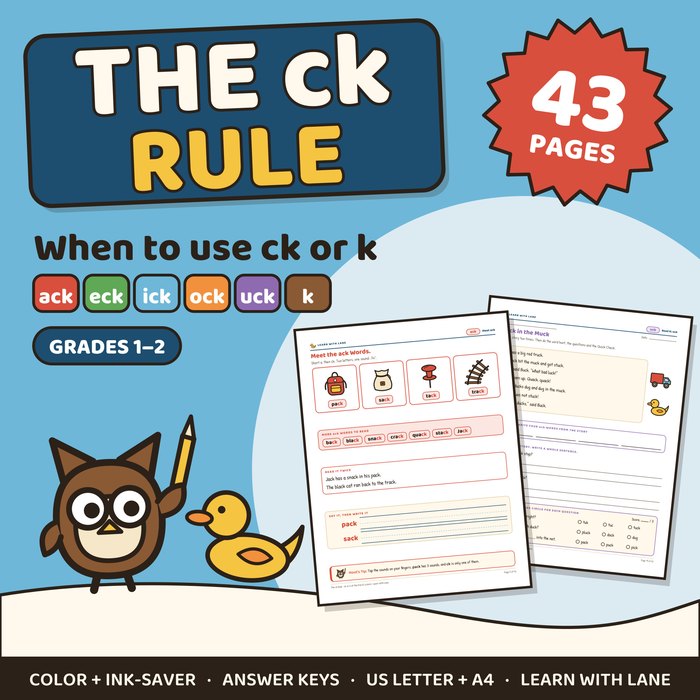The ck Rule worksheets cover: when to use ck or k, grades 1 to 2