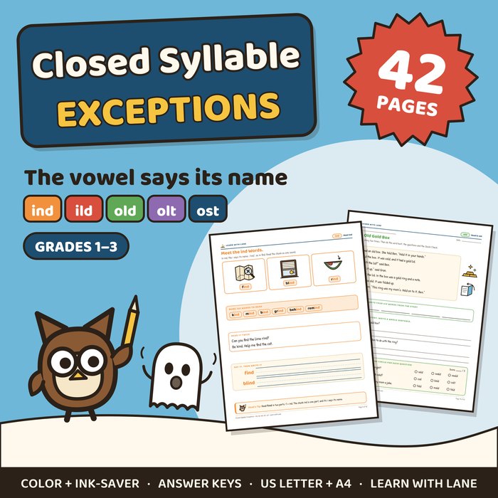 Closed syllable exceptions worksheets cover: ind, ild, old, olt, ost, grades 1 to 3