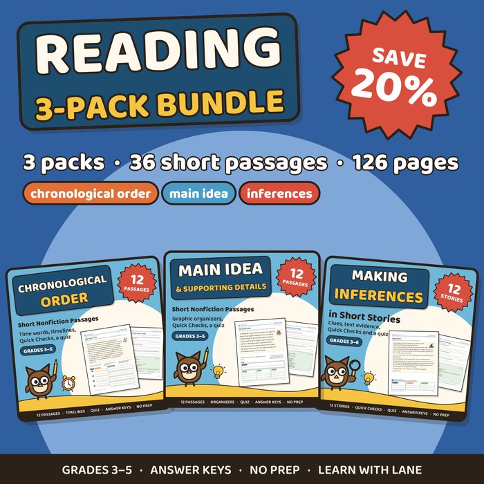 Reading 3-pack bundle cover: chronological order, main idea and inferences, grades 3 to 5, save 20%