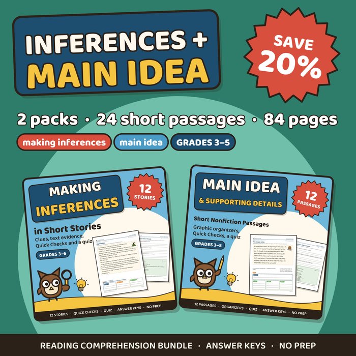Making Inferences and Main Idea bundle cover: two reading comprehension packs, grades 3 to 5, save 20%