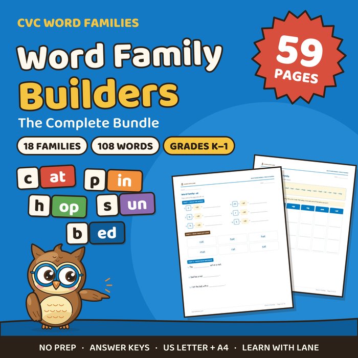 Word Family Builders CVC word families worksheets cover, grades K to 1