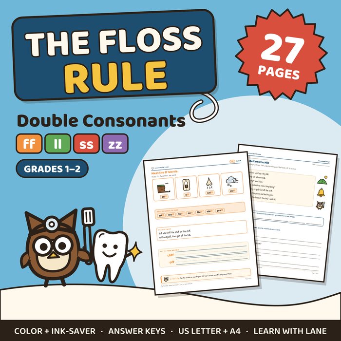 The Floss Rule double consonants worksheets cover, grades 1 to 2
