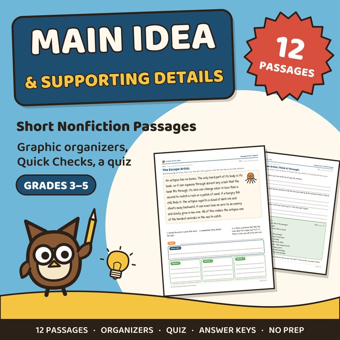 Main Idea and Supporting Details cover: 12 short nonfiction passages, grades 3 to 5