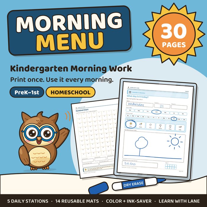 Morning Menu cover: kindergarten morning work binder with a dry-erase calendar page, Pre-K to grade 1