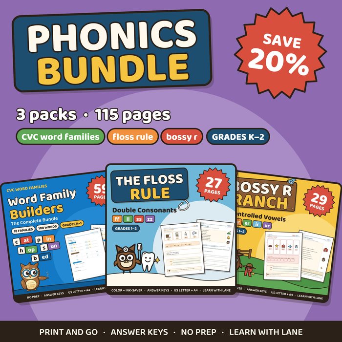 Phonics bundle cover: CVC word families, floss rule and bossy r