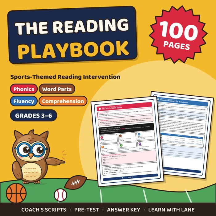 The Reading Playbook sports-themed reading intervention workbook cover, grades 3 to 6