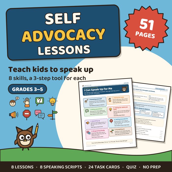 Self Advocacy Lessons cover: eight speaking-up skills with a three-step tool for each, grades 3-5
